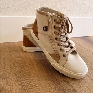 Taos High-Top Canvas Sneakers in Beige and Tan NWT, size 9.